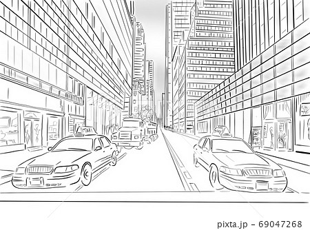 street view of New York, yellow taxi, sketch illustration 69047268