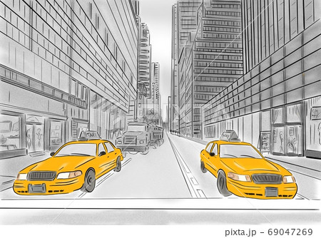 street view of New York, yellow taxi, sketch illustration street view of New York, yellow taxi, sketch illustration 69047269