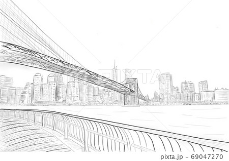 Manhattan Bridge Illustration, New York concept, b/w sketch Manhattan Bridge Illustration, New York concept, b/w sketch 69047270