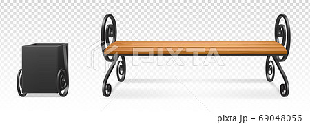 Wooden bench and metal trash bin for park Wooden bench and metal trash bin for park 69048056