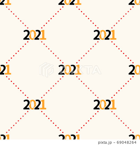 Happy New Year 2021 seamless pattern with polka dot. Vector illustration background in minimalistic geometric style. Christmas eve backdrop with repeated number and small circles 69048264