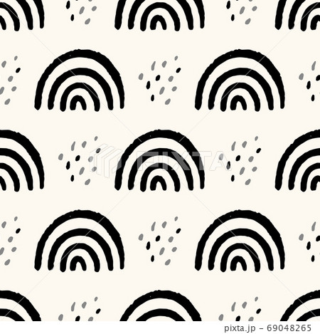 Vector seamless geometric pattern with hand drawn rainbows in scandinavian style. Repeated boho texture for wrapping paper, childish design, textile. 69048265