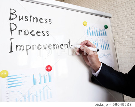 Business Process Improvement BPI manager writes on a whiteboard. 69049538