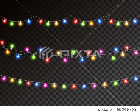 Christmas color lights isolated on transparent background. Garland lights decoration. Led neon lamp. Glow colored bulb. Bright decoration for xmas cards, banners, posters, web. Vector illustration 69049708