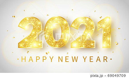 2021 Happy new year card. Christmas decoration. Luxury holiday banner with golden glitter numbers, bokeh lights and confetti. Gold festive ornament. Party design elements. Vector illustration 2021 Happy new year card. Christmas decoration. Luxury holiday banner with golden glitter numbers, bokeh lights and confetti. Gold festive ornament. Party design elements. Vector illustration 69049709