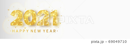 Luxury holiday long banner with golden glitter numbers, bokeh lights and confetti. 2021 Happy new year card. Christmas decoration. Gold festive ornament. Party design elements. Vector illustration 69049710