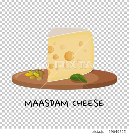 Large piece of Maasdam cheese on a wooden tray. Realictic vector illustration for meal design. Isolated on white background. Large piece of Maasdam cheese on a wooden tray. Realictic vector illustration for meal design. Isolated on white background. 69049825