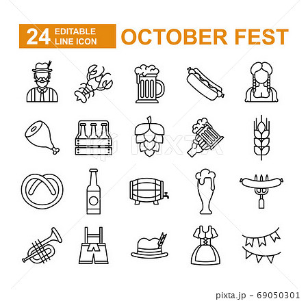 Oktoberfest, the world's largest beer festival, Bavaria - thin line web icon set. Outline icons collection. Simple vector illustration. 69050301