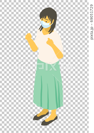 アイソメトリック　マスクをして立つ若い女性のベクターイラスト 69051729