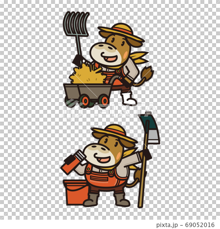 Jersey cow posing with farm equipment [farmer, dairy farmer, ox year, hydration, new year's card material] Illustration 69052016