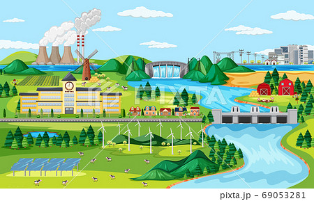 Manufactory And Wind Turbine And Long River Sceneのイラスト素材