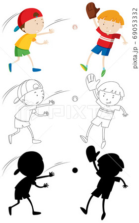 Two kids playing baseball in color and in outline 69053332