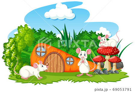 Carrot house with three mouses cartoon style on Carrot house with three mouses cartoon style on 69053791