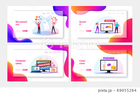 Social Networking, Virus Attack and Phishing Fraud Landing Page Template Set. Hackers Stealing Personal Data in Internet 69055264