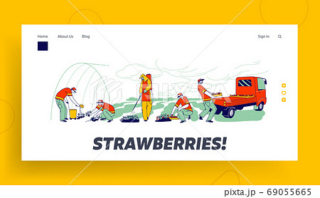 Strawberry Farm Workers Care, Picking and Loading Fresh Berries Landing Page Template. Immigrants on Strawberry on Field 69055665