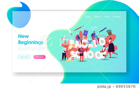Back to School Concept Landing Page Template. Students and Teacher Characters Wear Medical Masks with Studying Supplies Back to School Concept Landing Page Template. Students and Teacher Characters Wear Medical Masks with Studying Supplies 69055670
