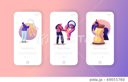 Characters Escape Room Enigma Mobile App Page Onboard Screen Template. Tiny People with Rucksack, Huge Keys, Magnifier Characters Escape Room Enigma Mobile App Page Onboard Screen Template. Tiny People with Rucksack, Huge Keys, Magnifier 69055760