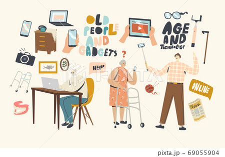 Senior People Using Smart Devices. Aged Male and Female Characters Learn How to Use Gadgets, Making Selfie on Smartphone 69055904