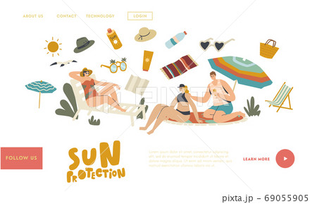 People Use Sun Protection Landing Page Template. Characters on Beach Put Sunscreen Cream on Skin. Summer Vacation, Ultraviolet Rays Hazard for Health Defence, Sunbath. Linear Vector Illustration 69055905
