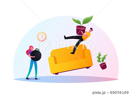 Male and Female Characters in Living Room with Zero Gravity Flying Furniture, Sofa and Plants. Woman Holding Dumbbell Male and Female Characters in Living Room with Zero Gravity Flying Furniture, Sofa and Plants. Woman Holding Dumbbell 69056169