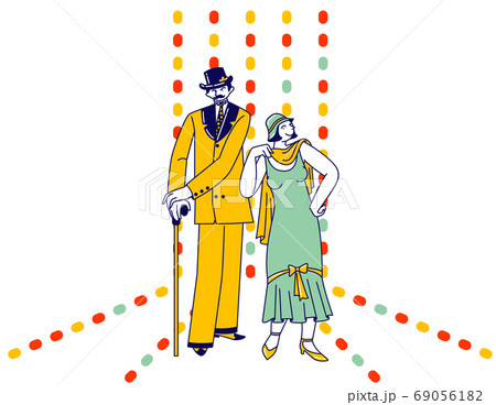 Famous Couple Elegant Man and Woman Wearing Dresses of Roaring 1920 Ages in Gatsby Style. Retro Party, Lifestyle 69056182