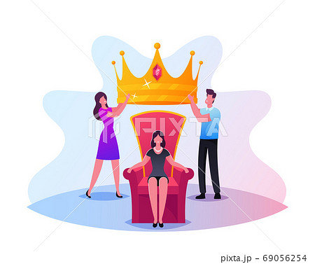 Popularity, Fame Concept. Tiny Male and Female Characters Put Huge Royal Crown on Woman Head Sitting on Throne, Cult 69056254