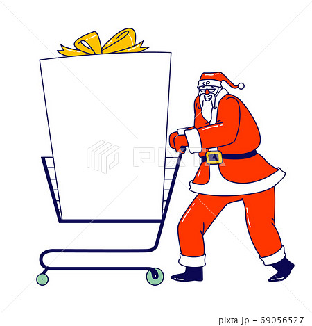Santa Claus with Mockup. Christmas Character Push Shopping Trolley with Huge Gift and Empty Copy Space for Advertising 69056527