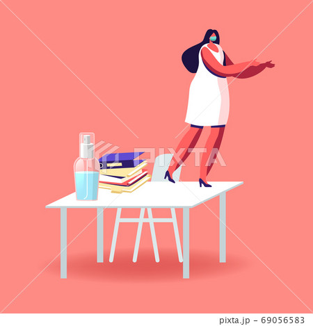 Businesswoman Distance Working Process during Coronavirus Pandemic. Female Character in Medical Mask Work in Office. Businesswoman Distance Working Process during Coronavirus Pandemic. Female Character in Medical Mask Work in Office. 69056583