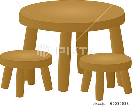 木製の丸テーブルと椅子2脚のセットのイラスト素材