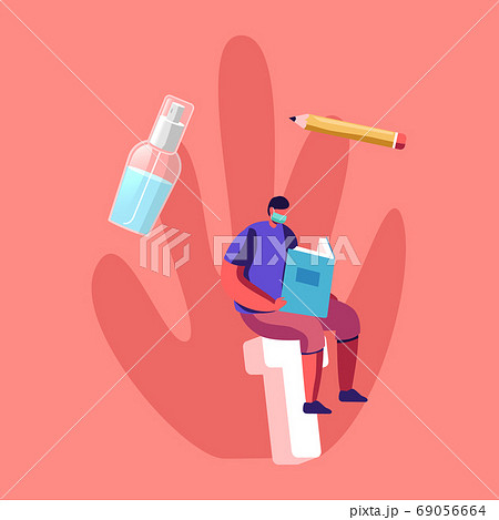 Back to School during Coronavirus Quarantine Concept. Schoolboy Character Wearing Medical Mask Sitting on Huge Letter T 69056664