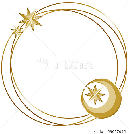 アンティークな月と星のシンプルフレーム 円形 ゴールドのイラスト素材