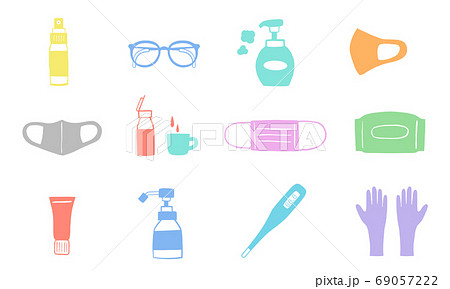 感染症対策グッズ、コロナ対策グッズ。マスク、消毒液、ハンドソープ、眼鏡等、体温計、うがい薬等。 感染症対策グッズ、コロナ対策グッズ。マスク、消毒液、ハンドソープ、眼鏡等、体温計、うがい薬等。 69057222