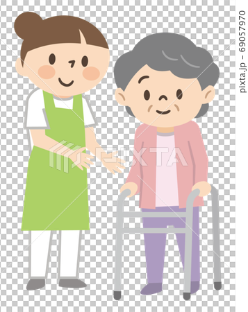 使用助行器和一名年輕女性保姆的資深婦女側身幫助 69057970