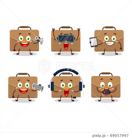 Brown suitcase cartoon character are playing games with various cute emoticons Brown suitcase cartoon character are playing games with various cute emoticons 69057997
