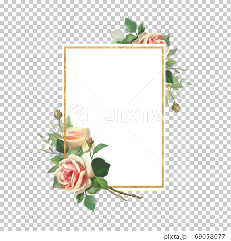 Gold frame with flowers. Bouquet of rose flowers. Template for greeting card Gold frame with flowers. Bouquet of rose flowers. Template for greeting card 69058077
