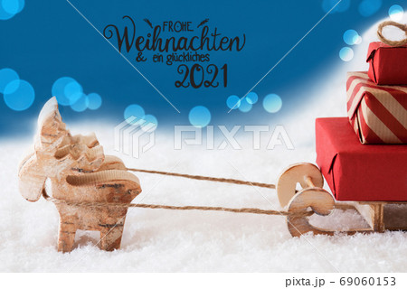 Reindeer, Sled, Snow, Blue Background, Reindeer, Sled, Snow, Blue Background, 69060153