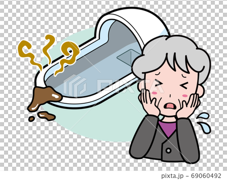 汚物で汚れた和式トイレに困っているおばあさんのイラスト素材