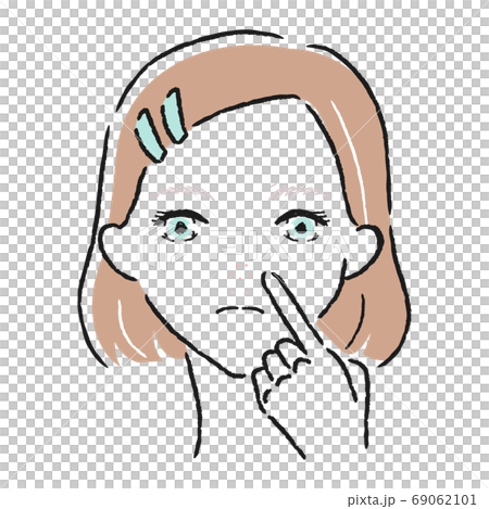 若い女性のイラスト。鼻や小鼻に目立つぽつぽつ毛穴に悩んでる女性。 69062101