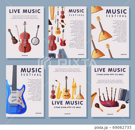 Music Festival Banner Tempates Set, Advertisement Poster, Brochure, Flyer, Invitation Card with Musical Instruments Vector Illustration 69062735