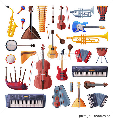 Musical Instruments Set, Cello, Violin, Guitar, Balalaika, Drum, Xylophone, Saxophone, Harmonica, Maracas, Synthesizer, Accordion Flat Style Vector Illustration 69062972