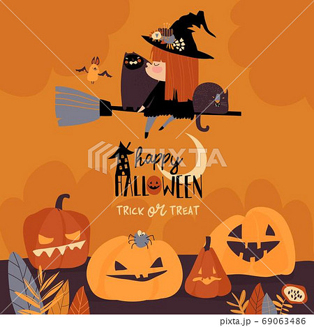 Cute Halloween redheaded witch flying on broom 69063486