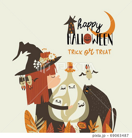 Cute Halloween witch holding bottle with ghosts 69063487