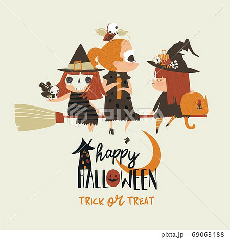 Cute Halloween redheaded witches flying on broom 69063488
