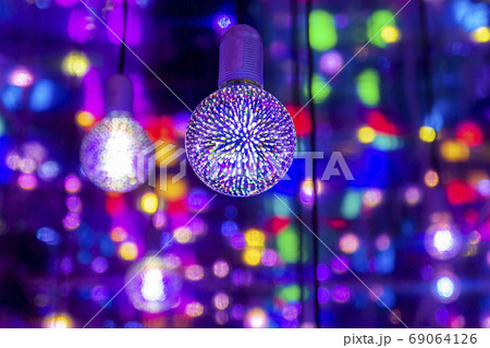 Red blue neon garlands of bokeh lights and reflections. 69064126