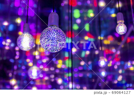 Red blue neon garlands of bokeh lights and reflections. 69064127