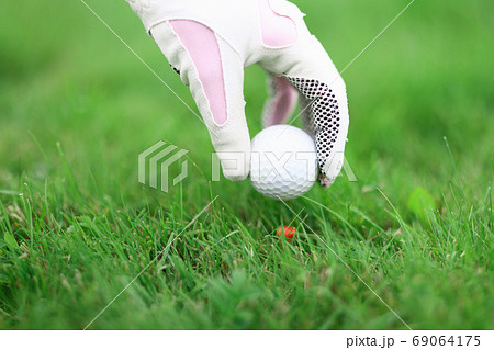 Hand in golf glove secures the ball to hit. Hand in golf glove secures the ball to hit. 69064175