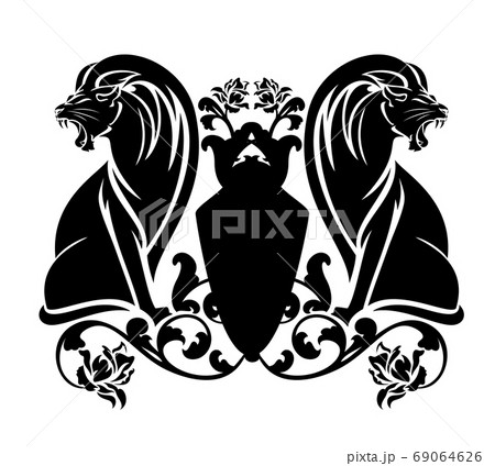 black and white vector coat of arms with heraldic lions and rose flowers 69064626