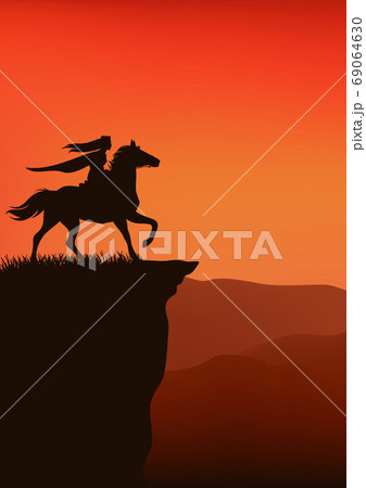 medieval princess riding horse at sunset cliff - vector fairy tale silhouette scene 69064630