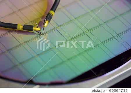 Manual probe system with needles for test of semiconductor on silicon wafer. Selective focus. 69064755