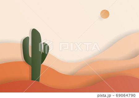 Desert landscape with cactus and sun. Trendy origami paper cut style vector illustration 69064790